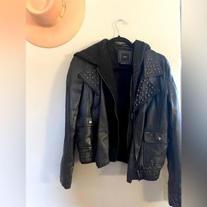Obey leather studded jacket with hoodie
